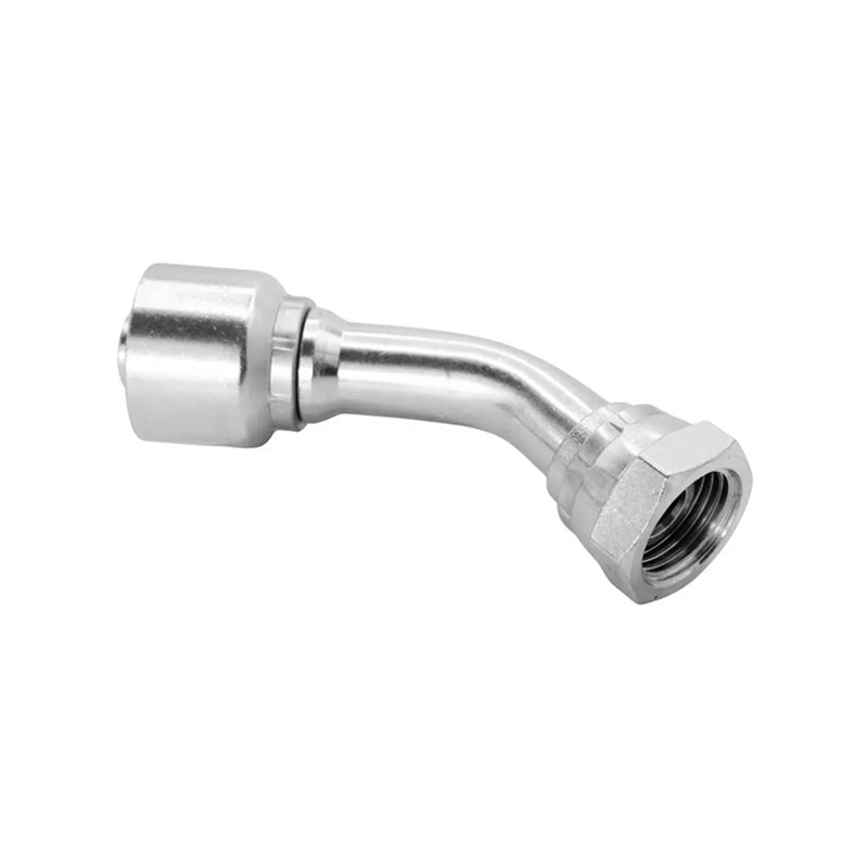 FLEXEQUIP 3/8 inch BSP Female One Piece Hose Fitting with 45 Degree Angle 60 Degree Cone and 22mm Crimp Nut - Allow 2-3 Days