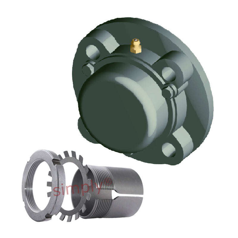 NTN C-UKFC217ED1/HE2317X Imperial Four Bolt Cast Iron Round Flanged Housing with Cast Iron Cover - Open Version - Insert and Adaptor Sleeve Fits 3 inch Shaft - Allow 2-3 Days