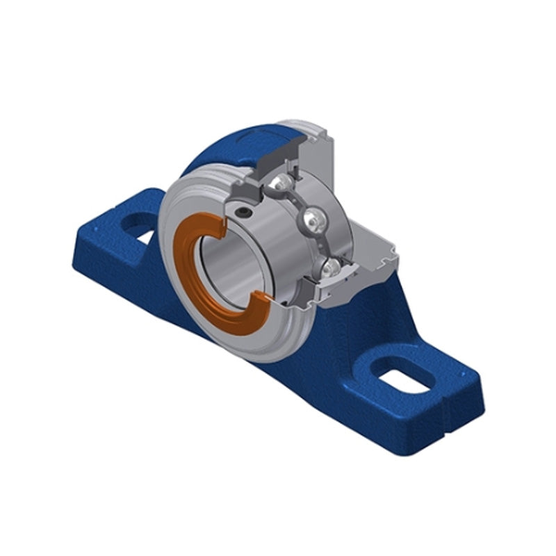 SNR UCPLE206CO Metric Cast Iron Two Bolt Pillow / Plummer Block Housing with 30mm Bore Insert with Narrow Steel Plate Cover - Open Version - Allow 2-3 Days