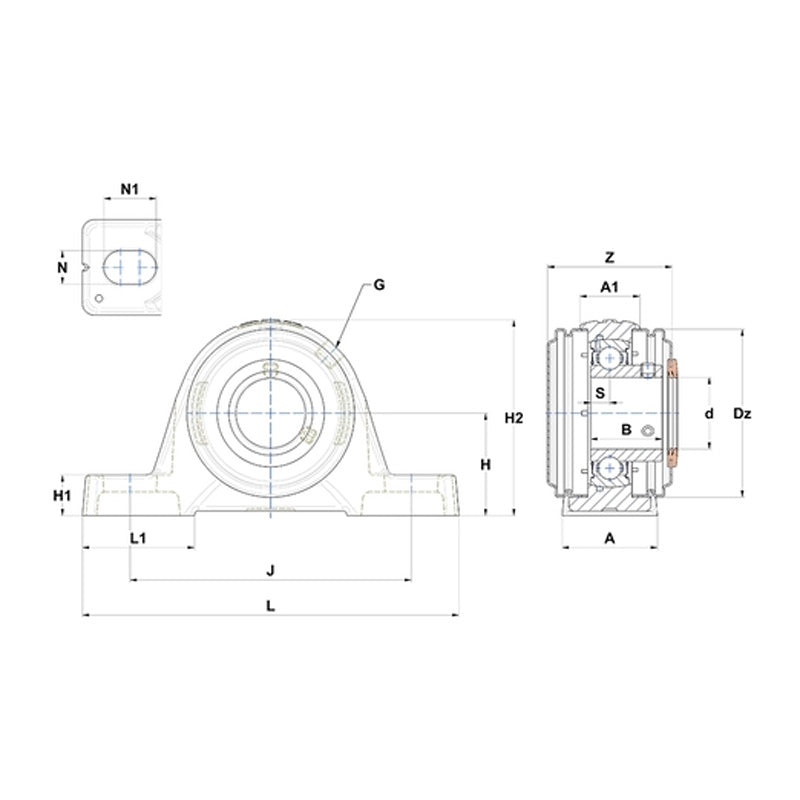 SNR USPE206CC Metric Cast Iron Two Bolt Pillow / Plummer Block Housing with 30mm Bore Insert with Narrow Steel Plate Cover - Closed Version - Allow 2-3 Days