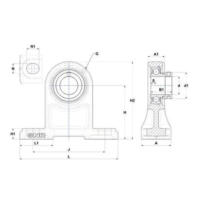 SNR ESPH209 Metric Cast Iron High Centre Height Two Bolt Pillow / Plummer Block Housing with 45mm Bore Eccentric Collar Insert - Allow 2-3 Days