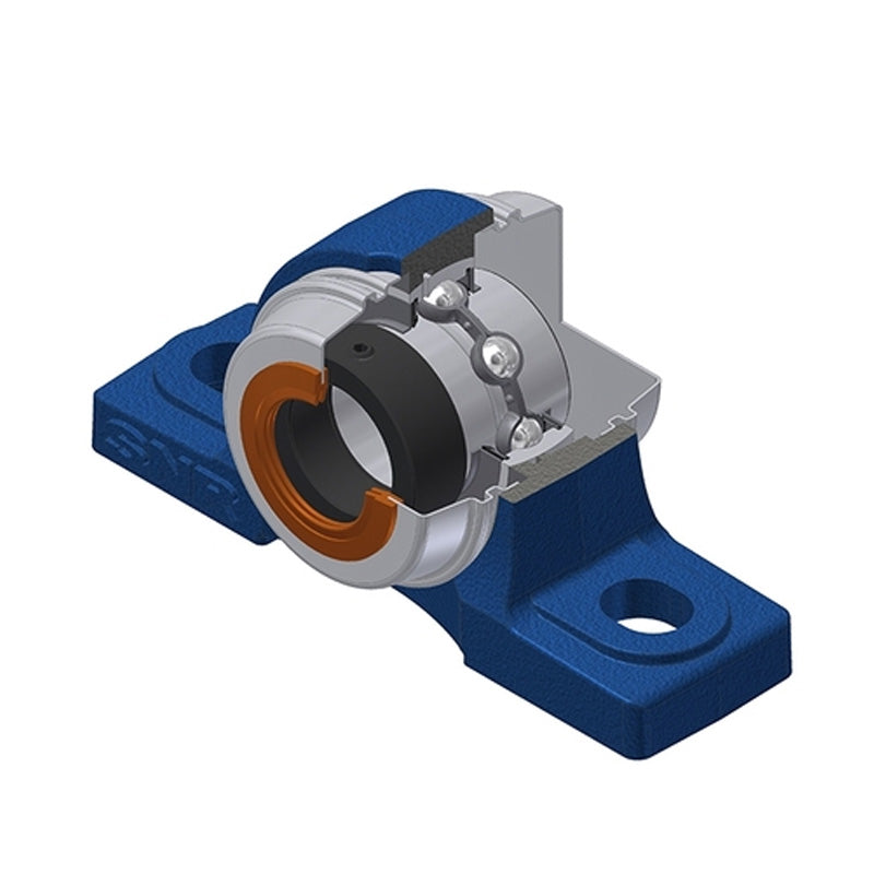 SNR EXP203COE Metric Cast Iron Two Bolt Pillow / Plummer Block Housing with 17mm Eccentric Collar Insert with Wide Steel Plate Cover - Open Version - Allow 2-3 Days