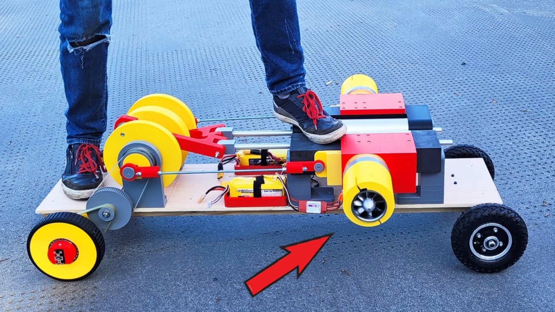 Load video: James builds a two-cylinder air-powered engine designed to carry his weight, using 3D-printed parts, aluminium cylinders and bearings supplied by Simply Bearings to turn airflow into mechanical motion and drive the wheels.
