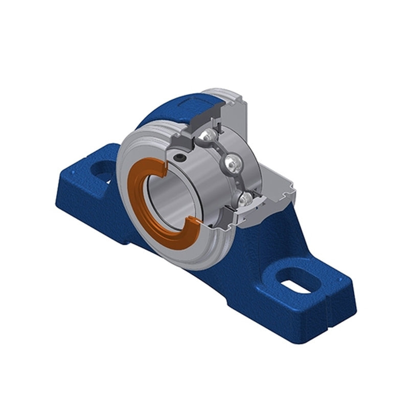 SNR UCPE202CC Metric Cast Iron Two Bolt Pillow / Plummer Block Housing with 15mm Bore Insert with Narrow Steel Plate Cover - Closed Version - Allow 2-3 Days