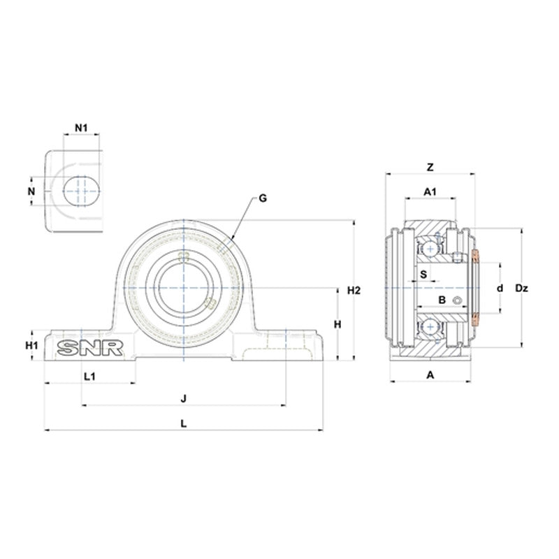 SNR USP205CC Metric Cast Iron Two Bolt Pillow / Plummer Block Housing with 25mm Bore Insert with Narrow Steel Plate Cover - Closed Version - Allow 2-3 Days