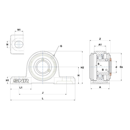 SNR USP207CO Metric Cast Iron Two Bolt Pillow / Plummer Block Housing with 35mm Bore Insert with Narrow Steel Plate Cover - Open Version - Allow 2-3 Days