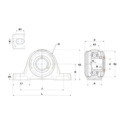 SNR USPE202CO Metric Cast Iron Two Bolt Pillow / Plummer Block Housing with 15mm Bore Insert with Narrow Steel Plate Cover - Open Version - Allow 2-3 Days