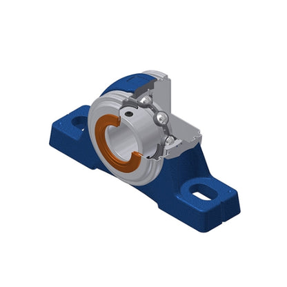 SNR USPE202CO Metric Cast Iron Two Bolt Pillow / Plummer Block Housing with 15mm Bore Insert with Narrow Steel Plate Cover - Open Version - Allow 2-3 Days