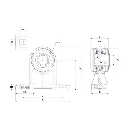 SNR USPH204CO Metric Cast Iron High Centre Height Two Bolt Pillow / Plummer Block Housing with 20mm Bore Insert with Narrow Steel Plate Cover - Open Version - Allow 2-3 Days